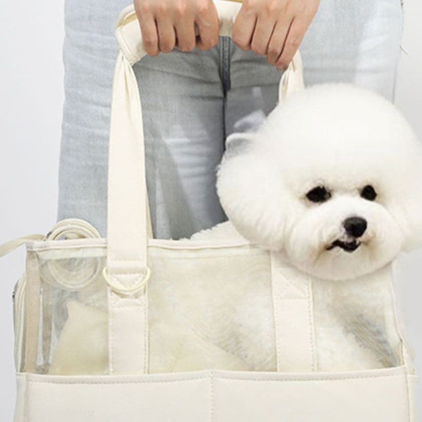犬バッグ 硬質底板付き透明窓メッシュキャリートート