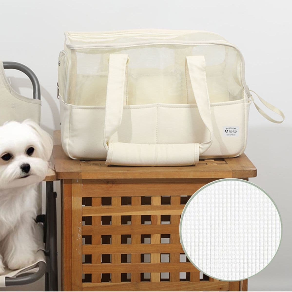 犬バッグ 硬質底板付き透明窓メッシュキャリートート