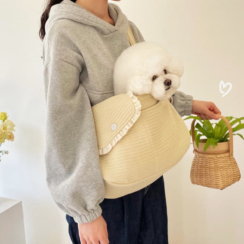 犬バッグ フリル付きコーデュロイ小型犬用抱っこキャリーバッグ
