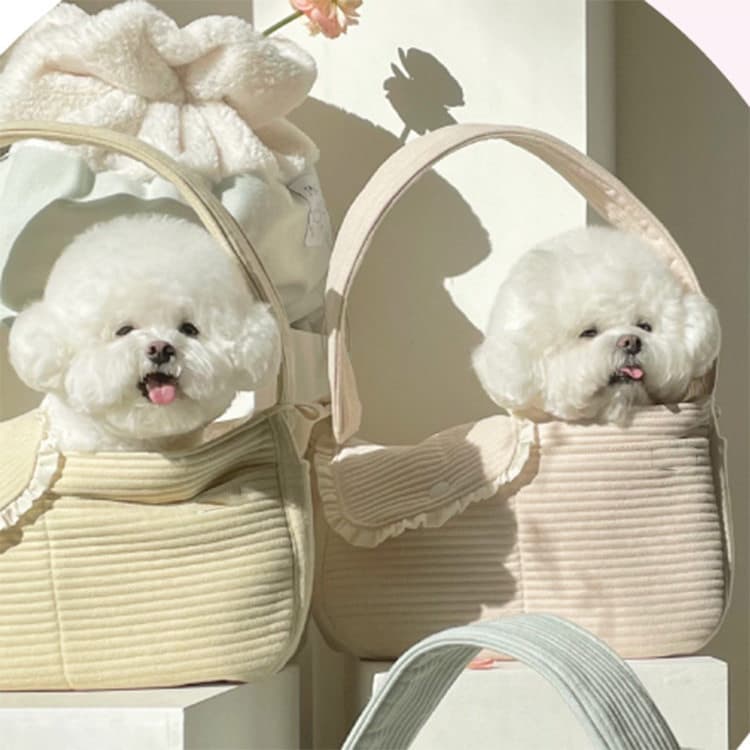 犬バッグ フリル付きコーデュロイ小型犬用抱っこキャリーバッグ
