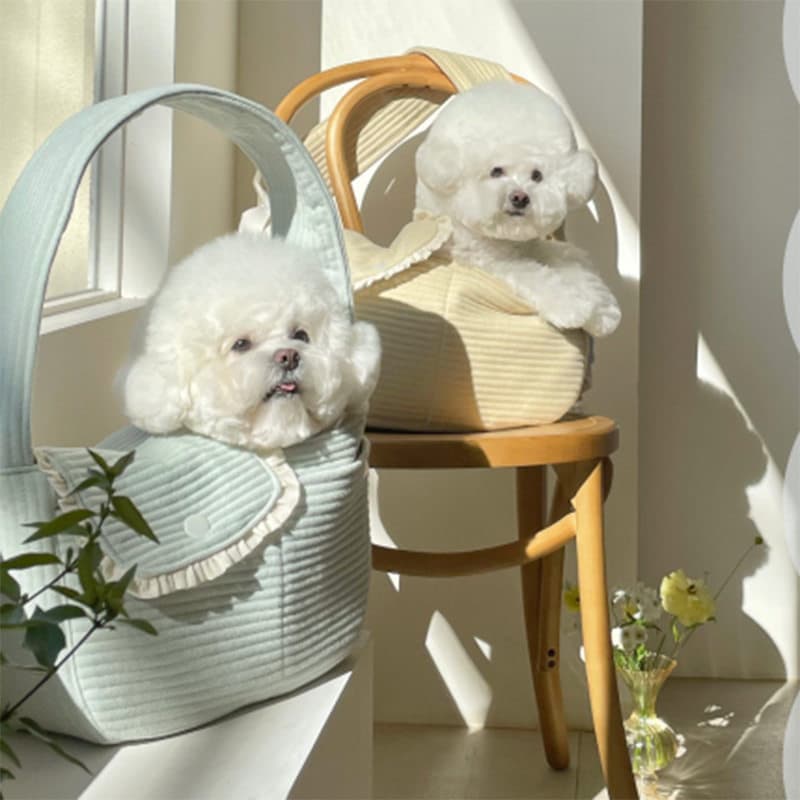 犬バッグ フリル付きコーデュロイ小型犬用抱っこキャリーバッグ