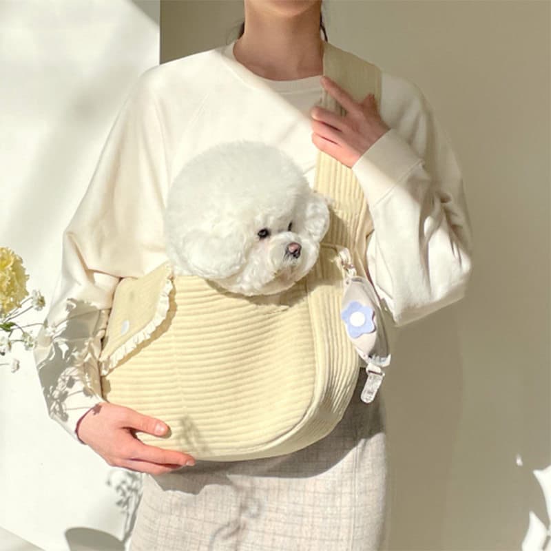犬バッグ フリル付きコーデュロイ小型犬用抱っこキャリーバッグ
